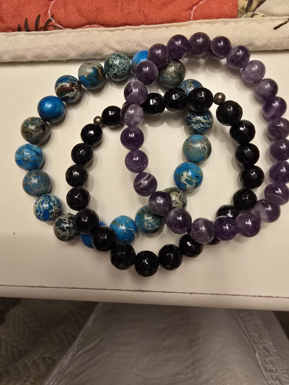 Natural Stone Beaded Stretch Bracelet Trio — Blue, Purple, Black